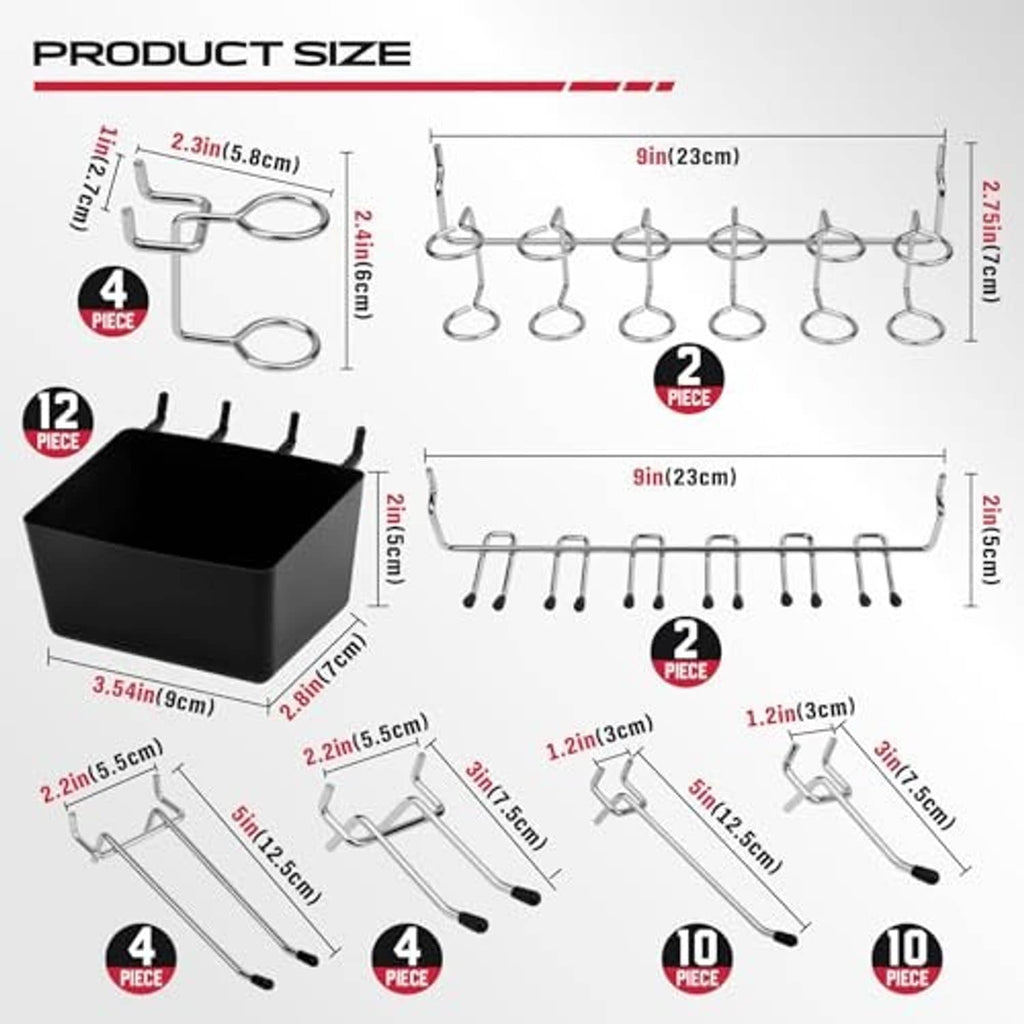 Pegboard hook set product size chart with hook dimensions and counts