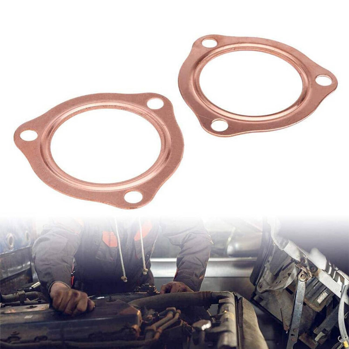 Two copper 3-hole exhaust gasket flanges, 2.5 in
