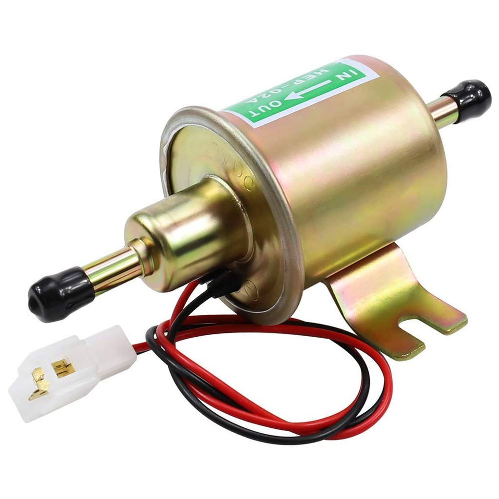 12V electric fuel pump with gold housing, two black ports, and red wire electrical connector
