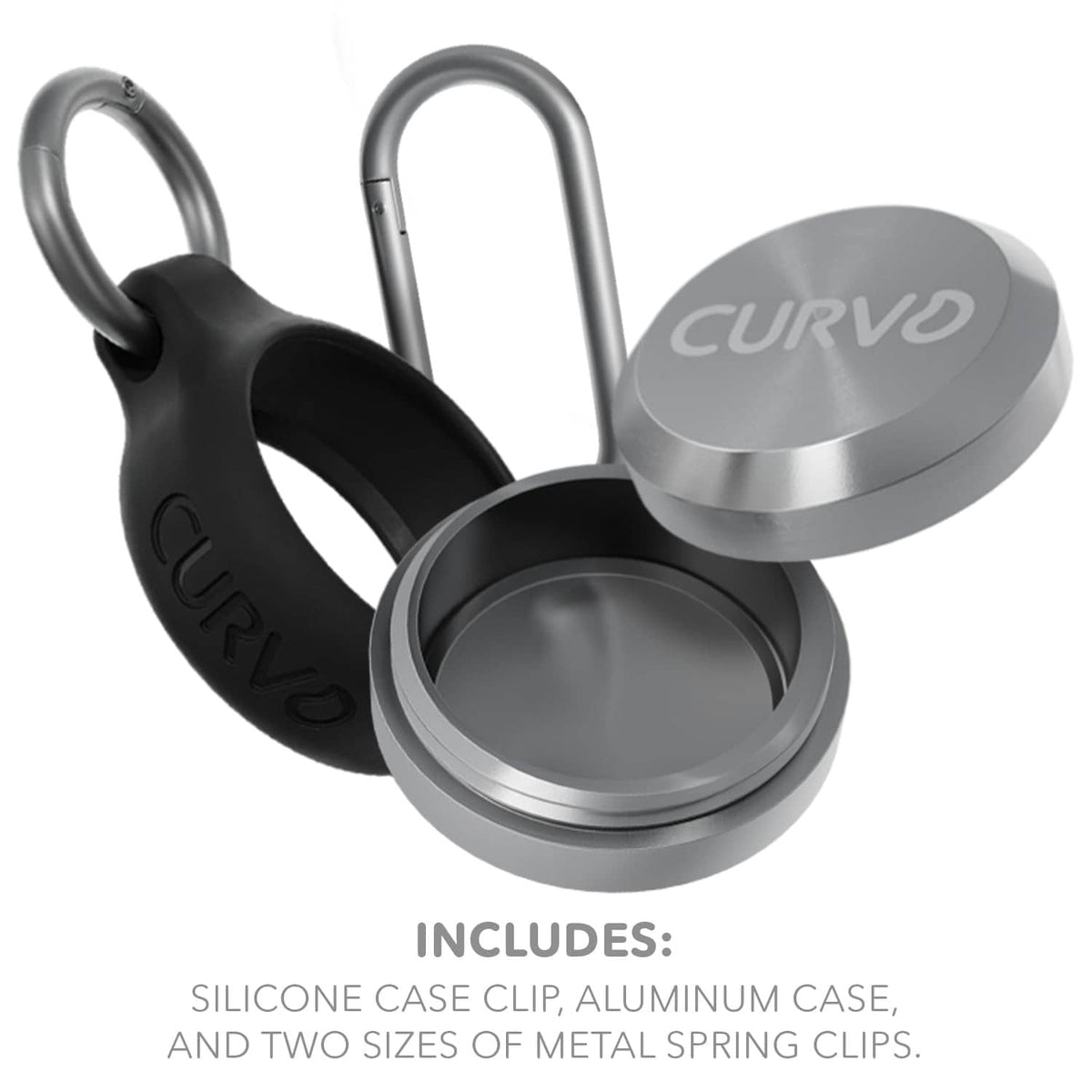 Black silicone keychain case with open round metal lid and silver spring clip
