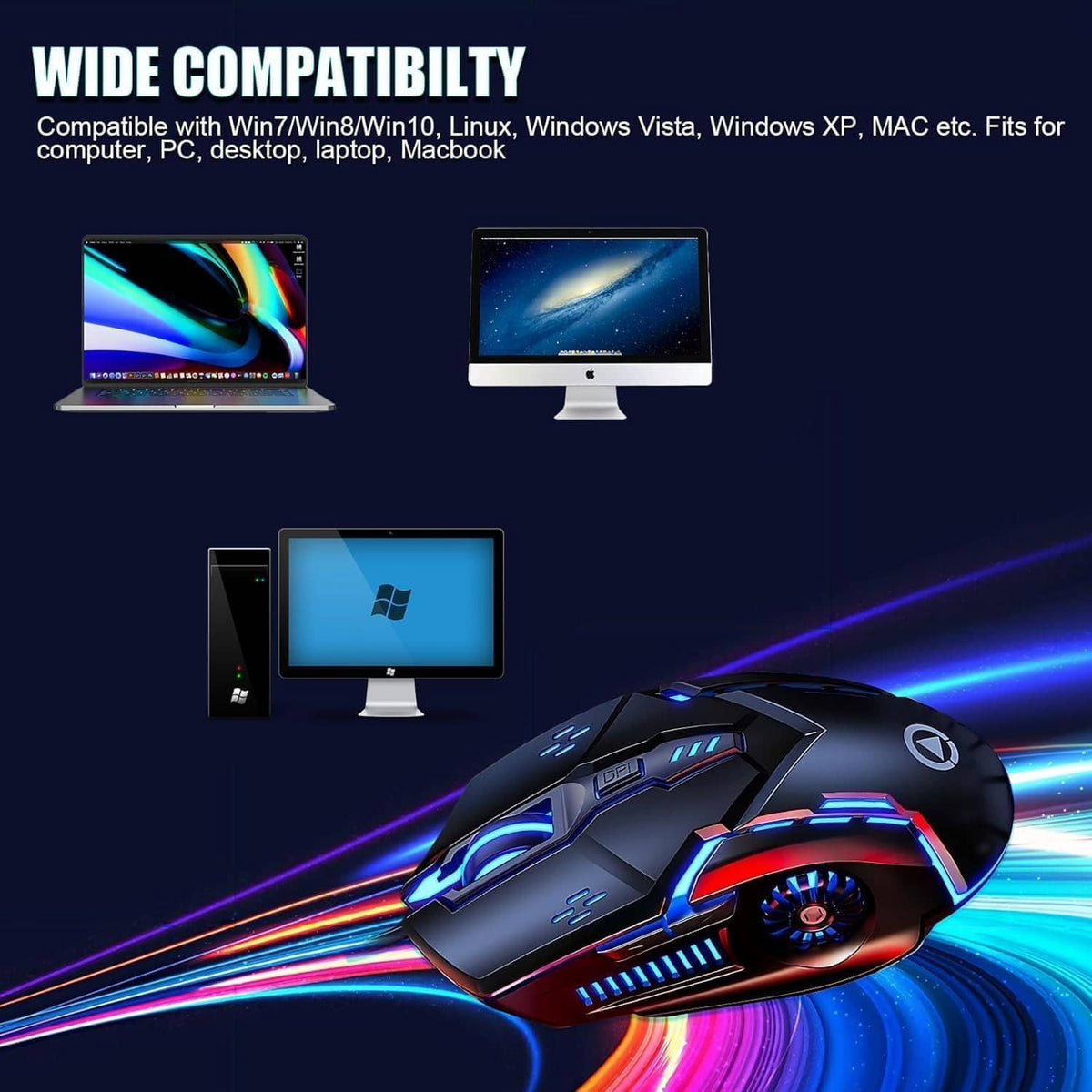 Wired RGB gaming mouse with blue light bands and glowing scroll wheel, black and orange