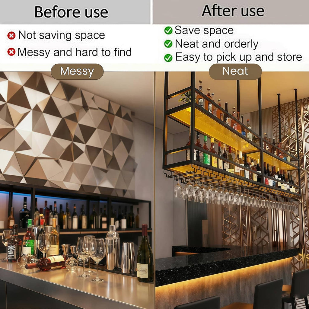 Ceiling wine glass rack for organized glass and bottle storage, with hanging glass row