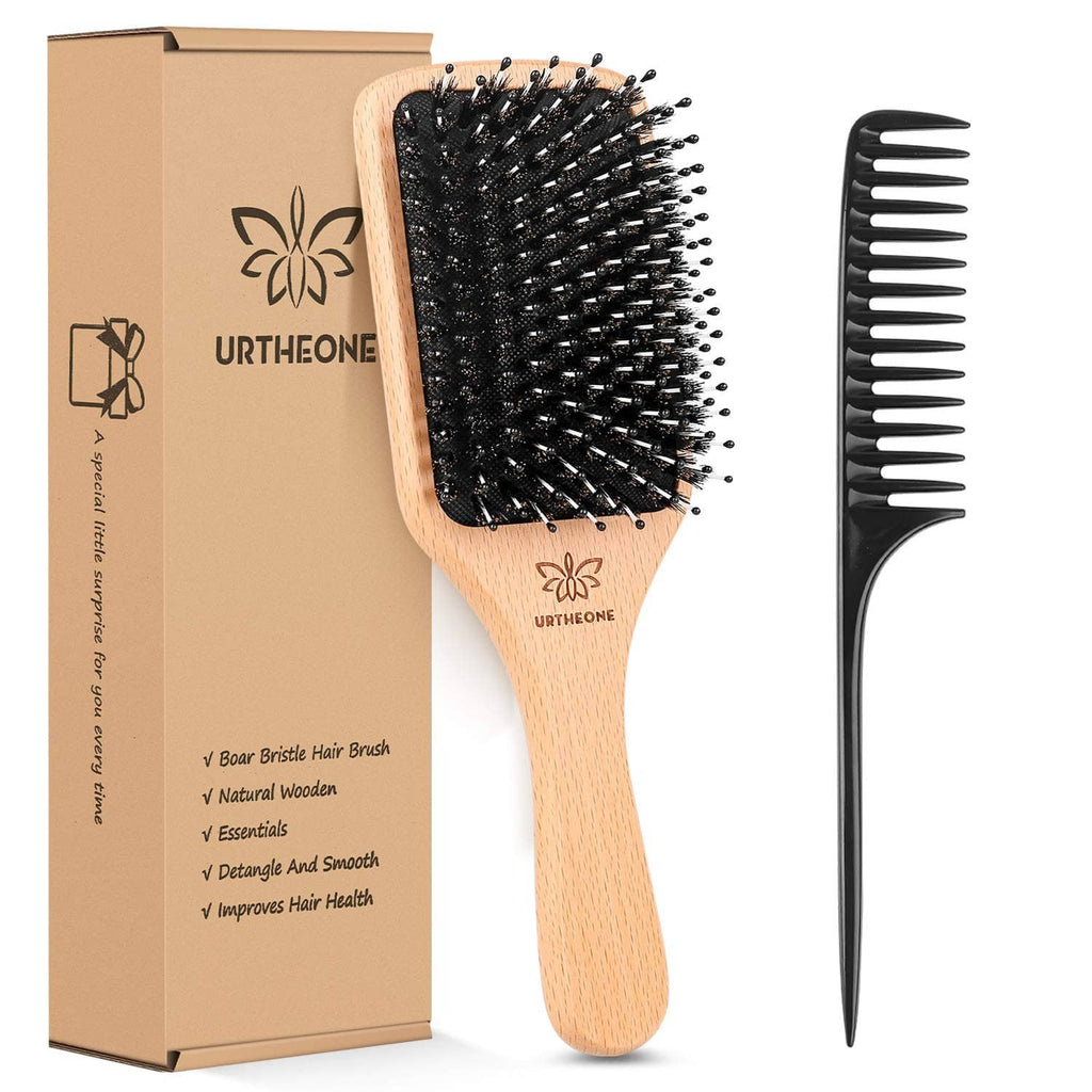 Natural wood boar bristle hair brush with black bristles and included comb