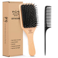 Natural wood boar bristle hair brush with black bristles and included comb