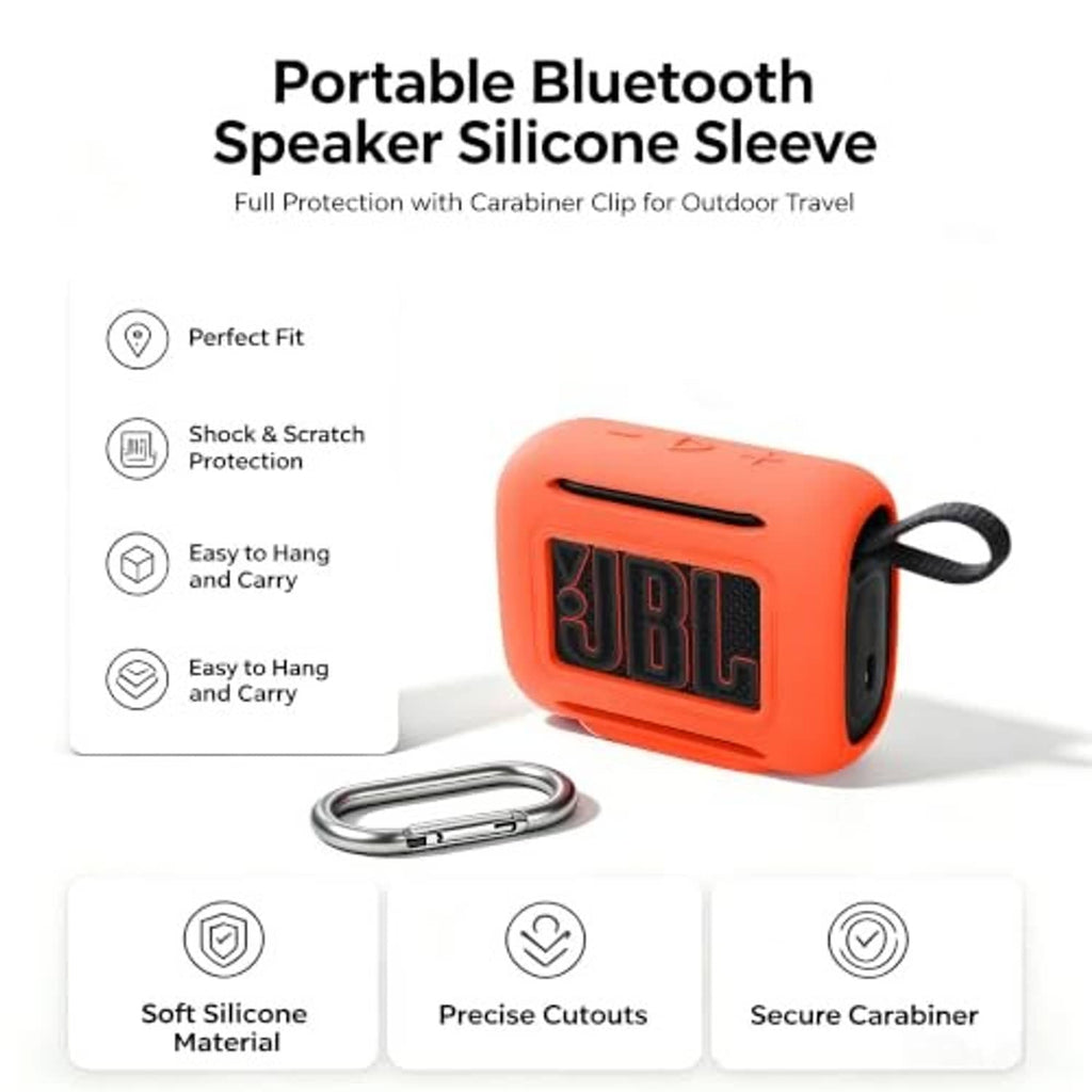 Orange silicone case with carabiner clip for portable Bluetooth speaker