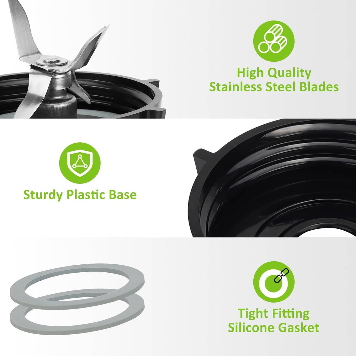 Sturdy blender base with stainless blades and tight-fitting silicone gasket