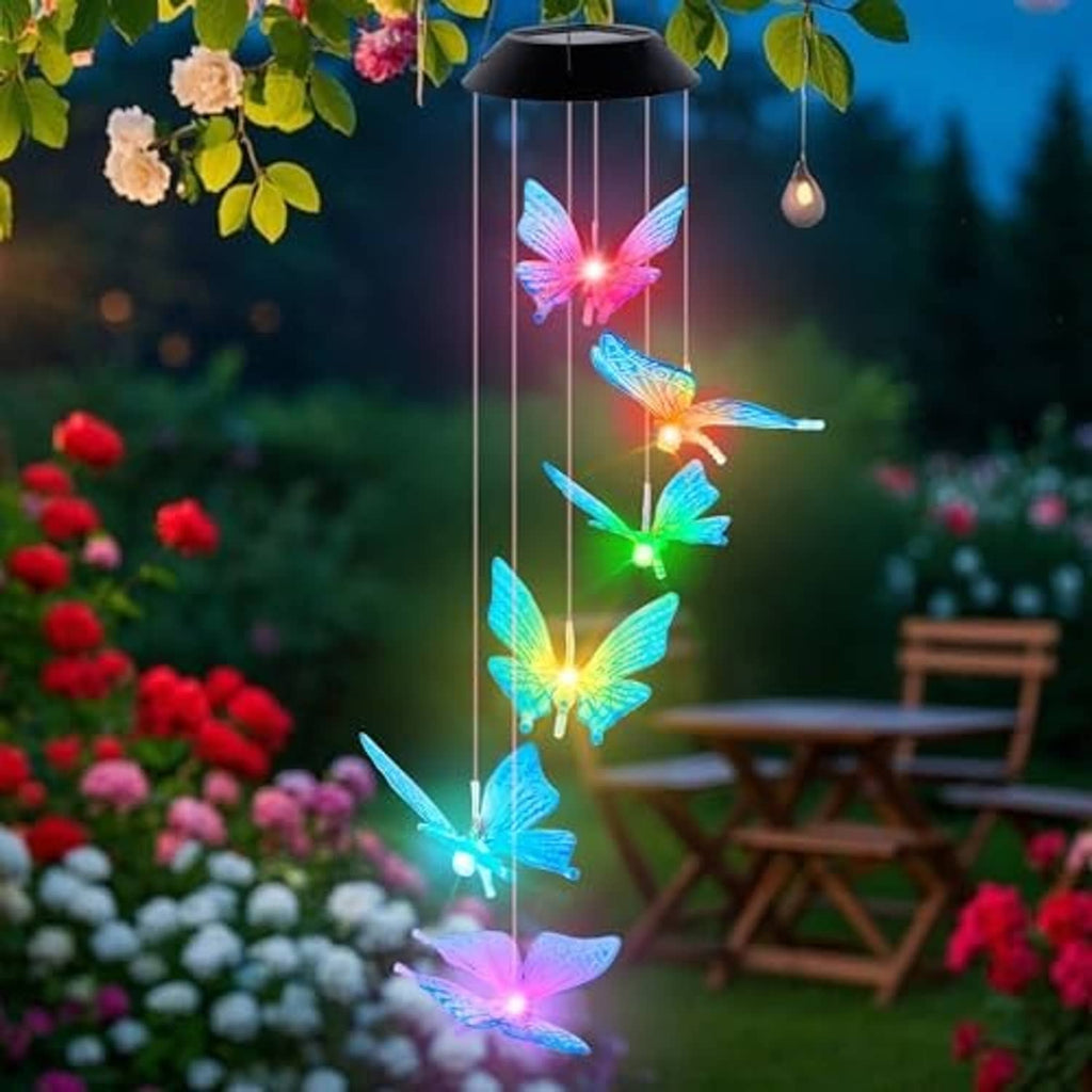 Solar butterfly wind chime with five glowing LED butterflies in changing colors