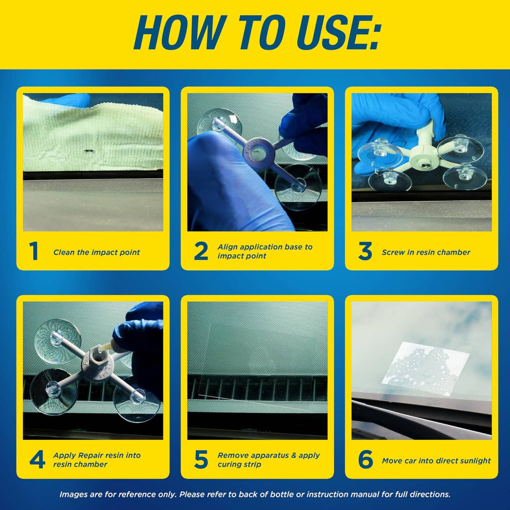 Rain-x windshield repair kit how-to steps diagram for applying and curing resin