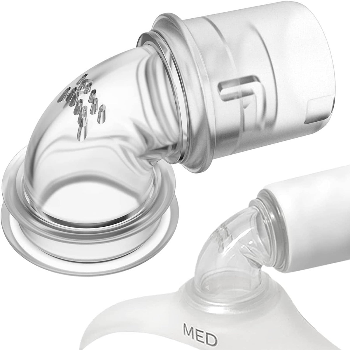 Clear elbow swivel connector with tubing loop and mask interface end