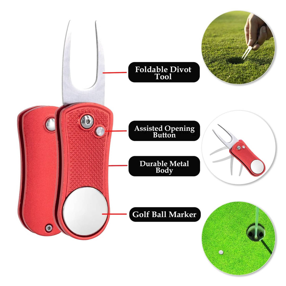 Red divot repair tool with metal body, golf ball marker, and foldable opening button