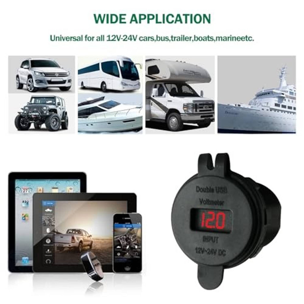 Black dual USB volt meter charger with red LED display for 12V–24V vehicle use