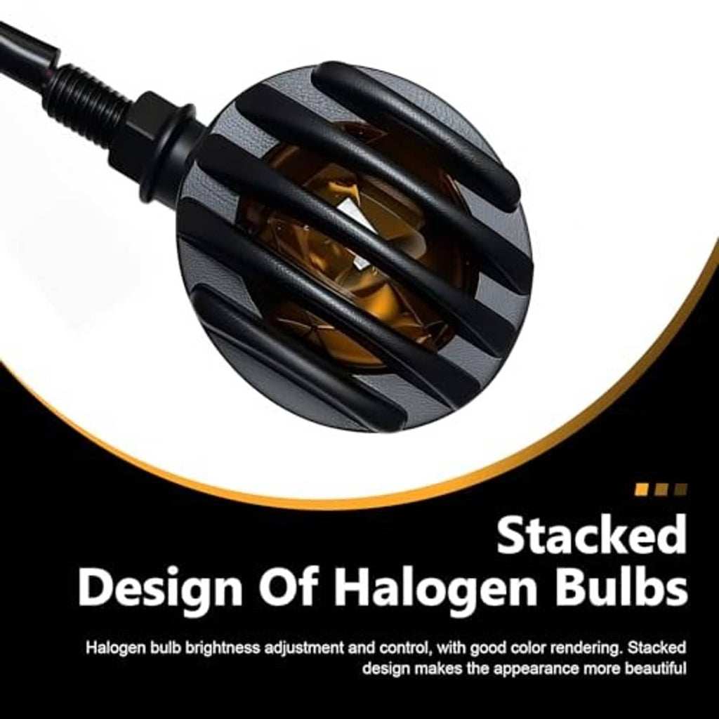 Close-up of black ribbed motorcycle LED turn signal lens with amber light segments
