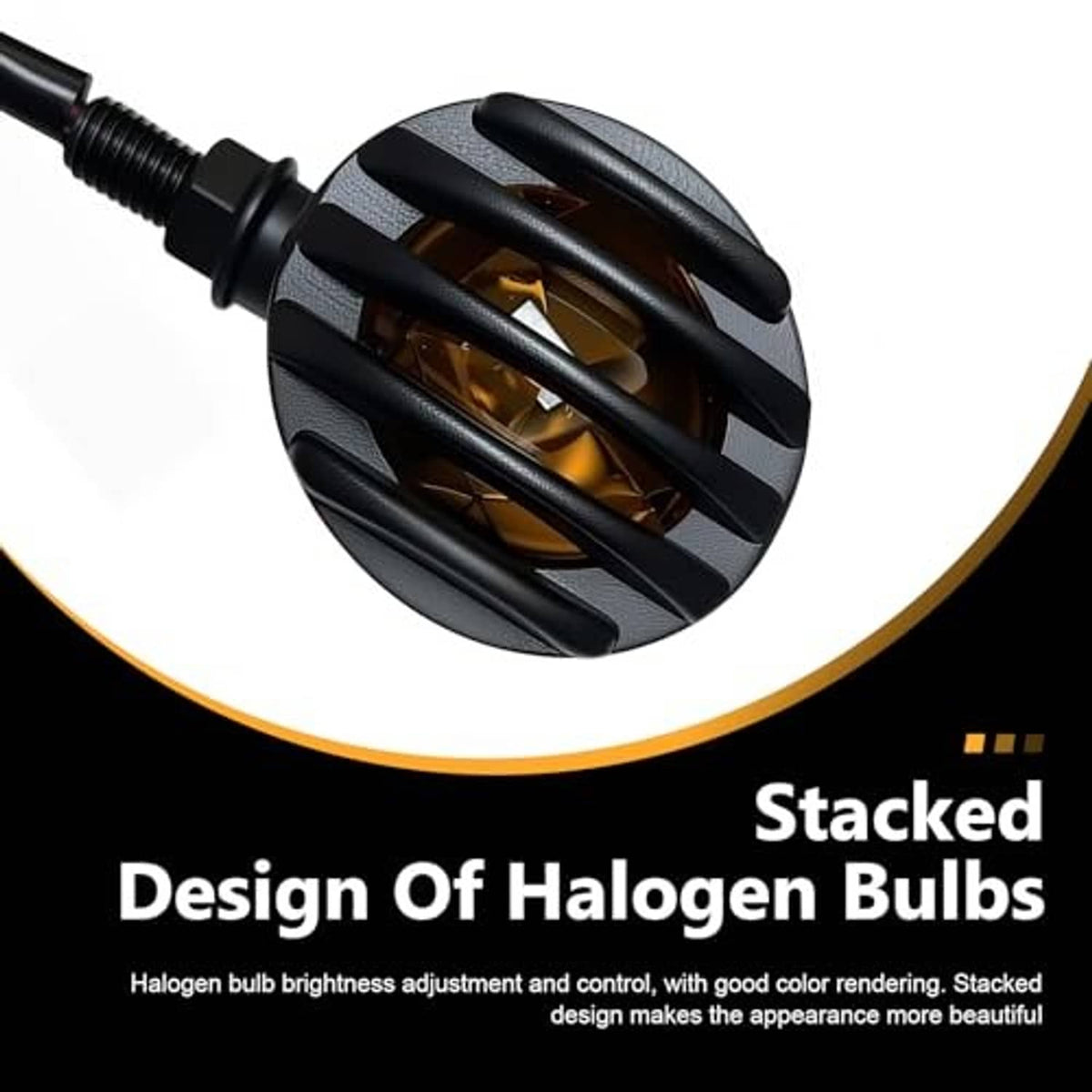Close-up of black ribbed motorcycle LED turn signal lens with amber light segments