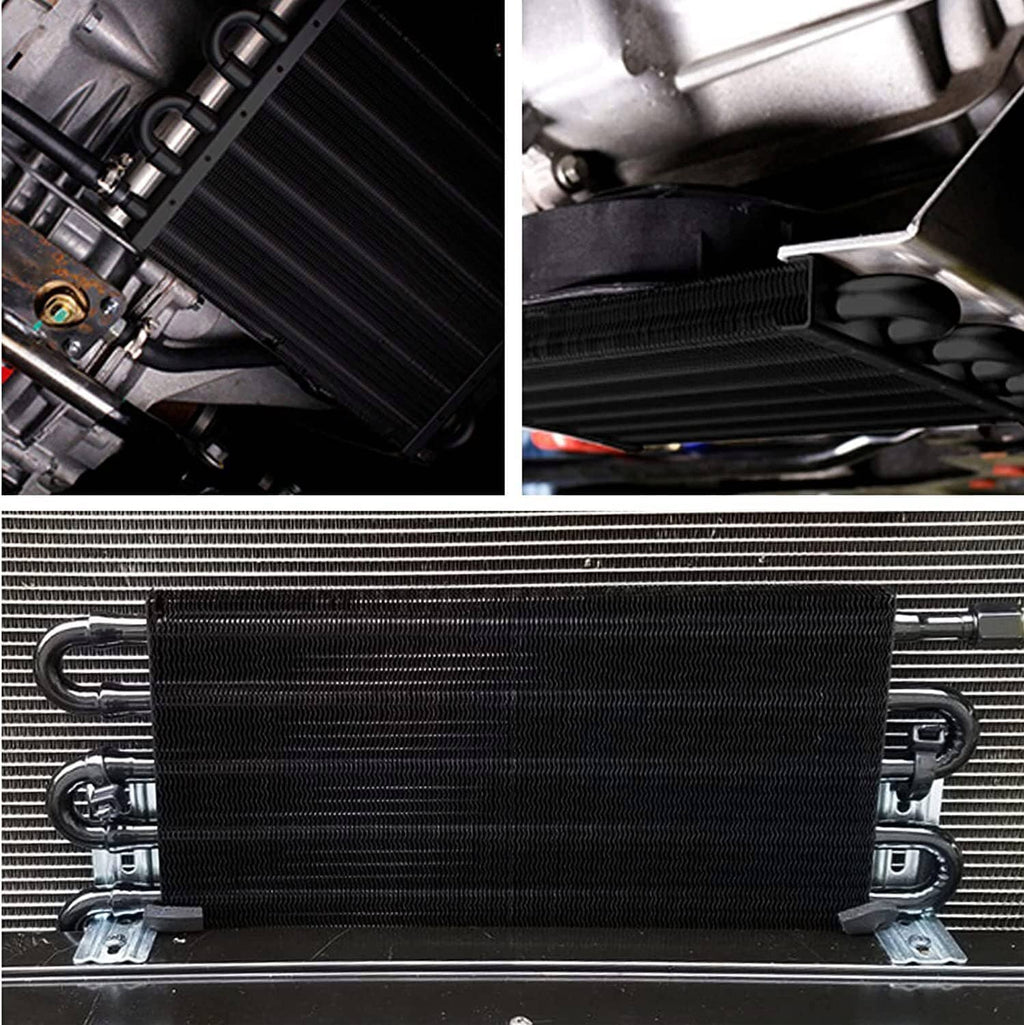 Mounted oil cooler radiator with black fins and hose connections in engine bay