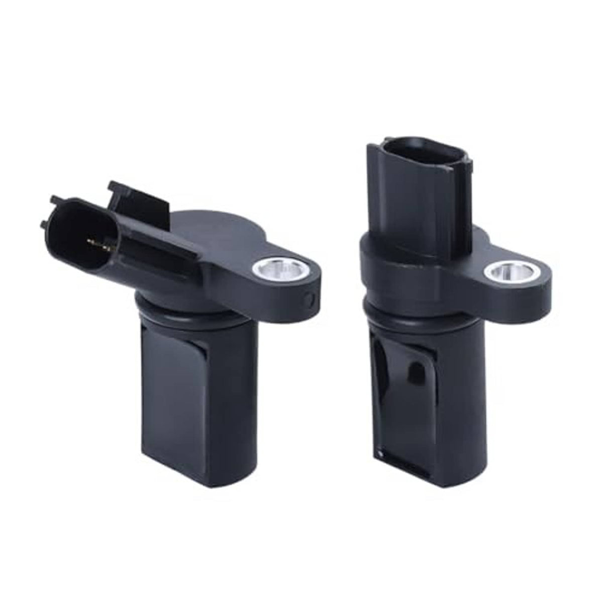 Two black camshaft position sensors with side mounting tab and electrical connector