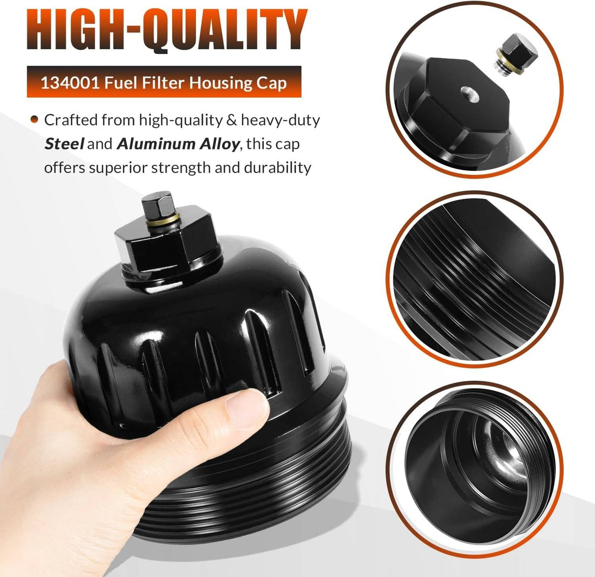 Black fuel filter housing cap held in hand; bolt top and threaded exterior