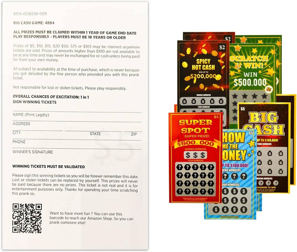 Back of a lottery scratch ticket with rules plus front scratch cards in colorful designs