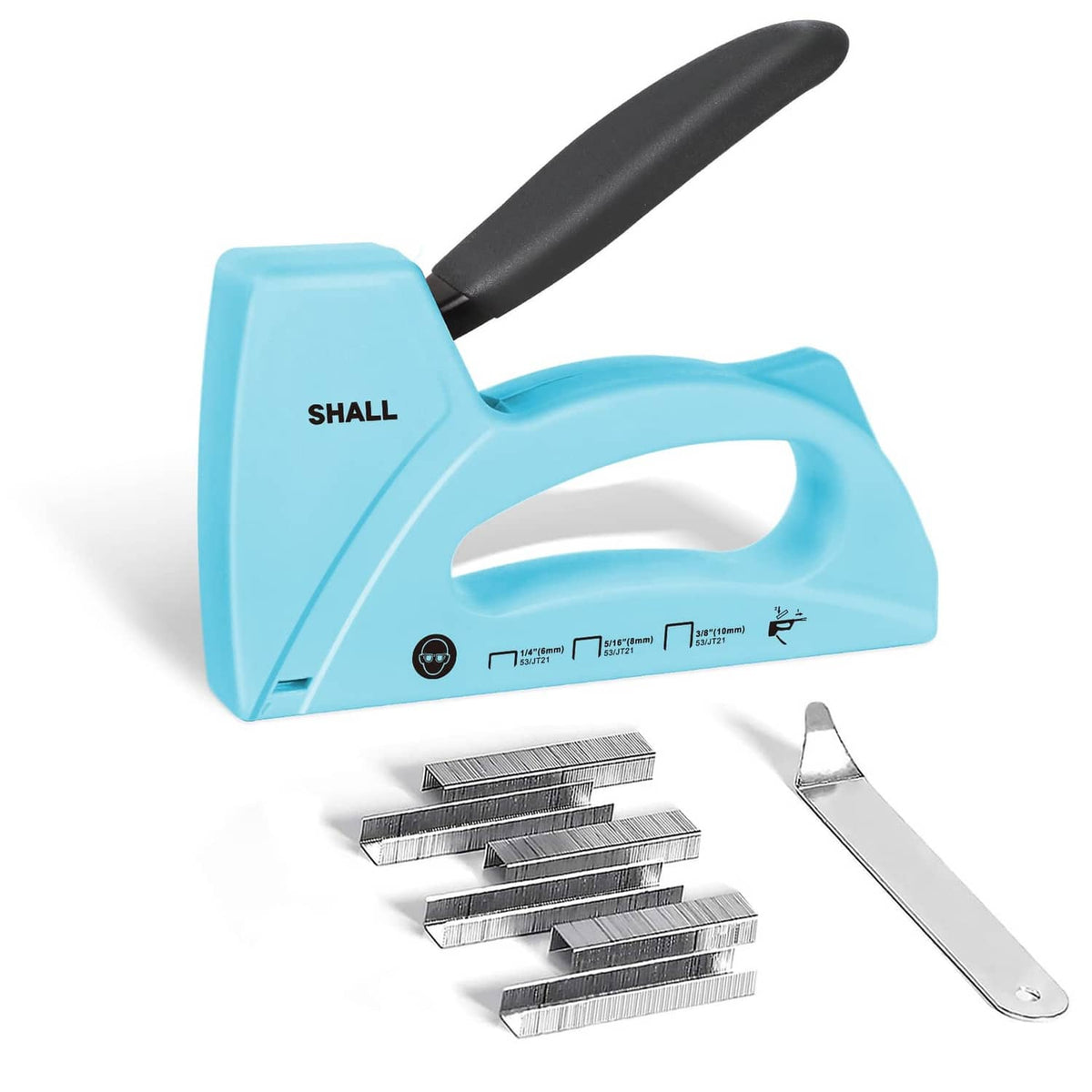 Light blue staple gun with black handle and included metal staples