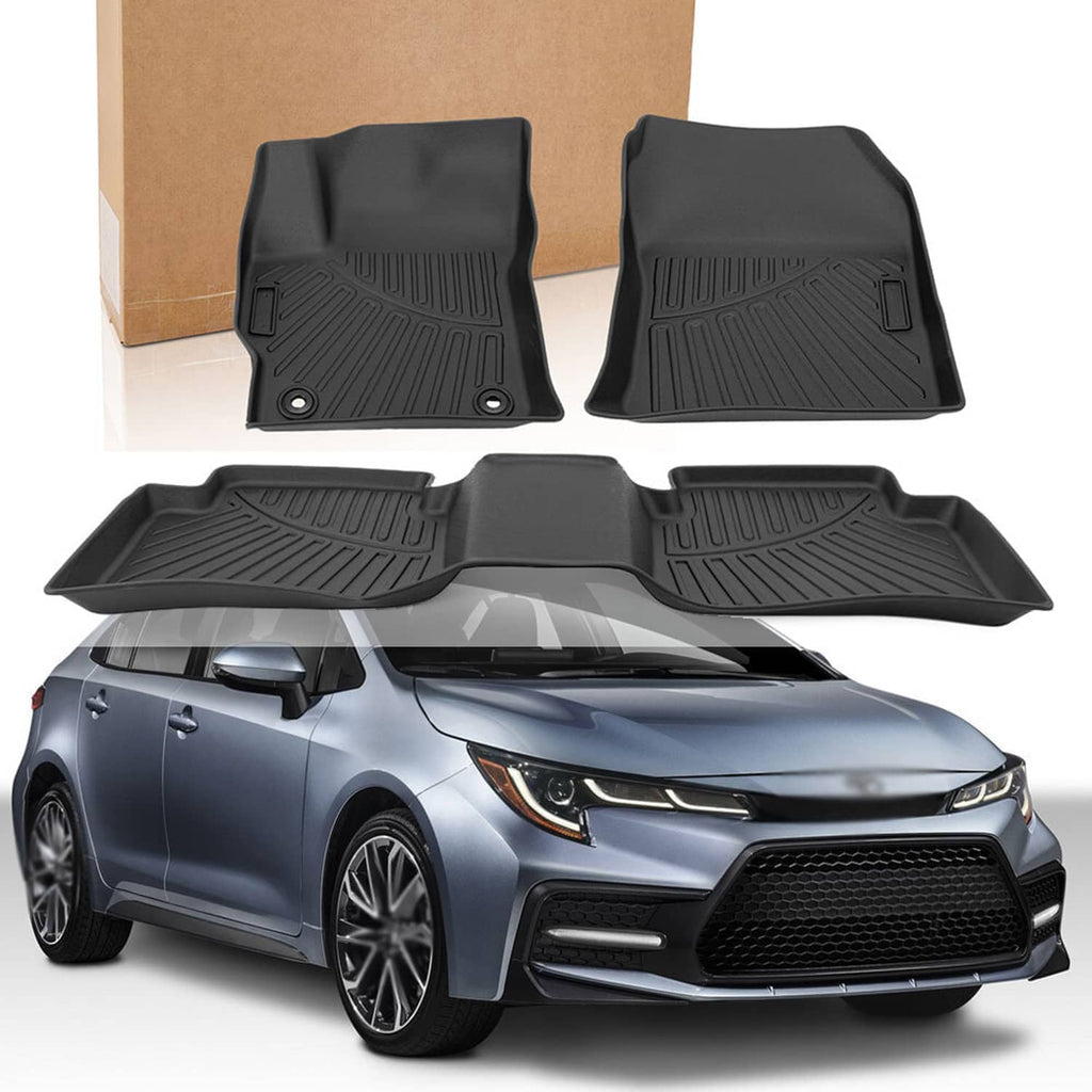 Black all-weather car floor mat set, 4-piece, shown with vehicle and center mat section.