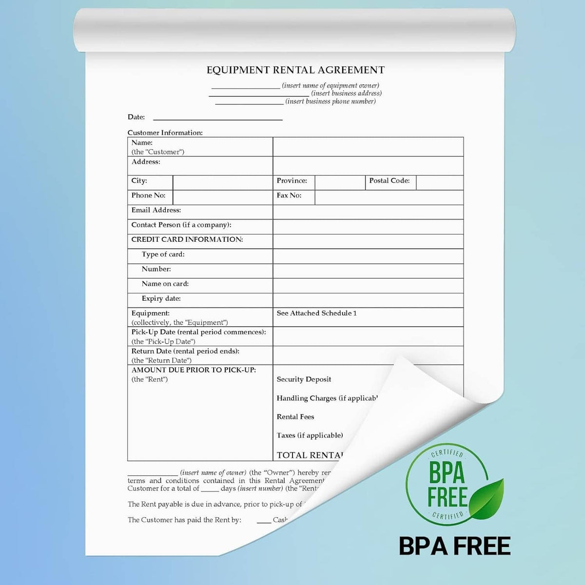 Rolled thermal paper with BPA FREE badge and rental agreement document