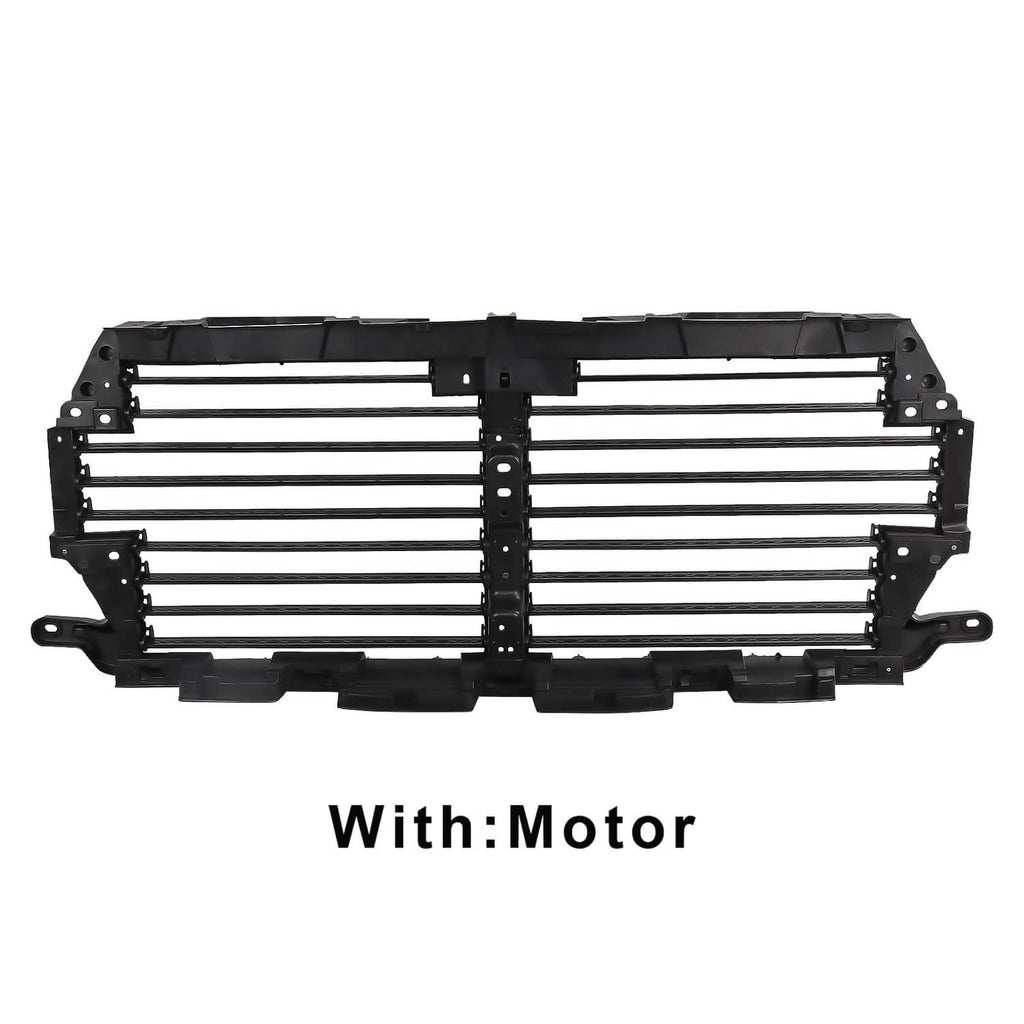 Black upper radiator grille air shutter with horizontal slats and center actuator housing