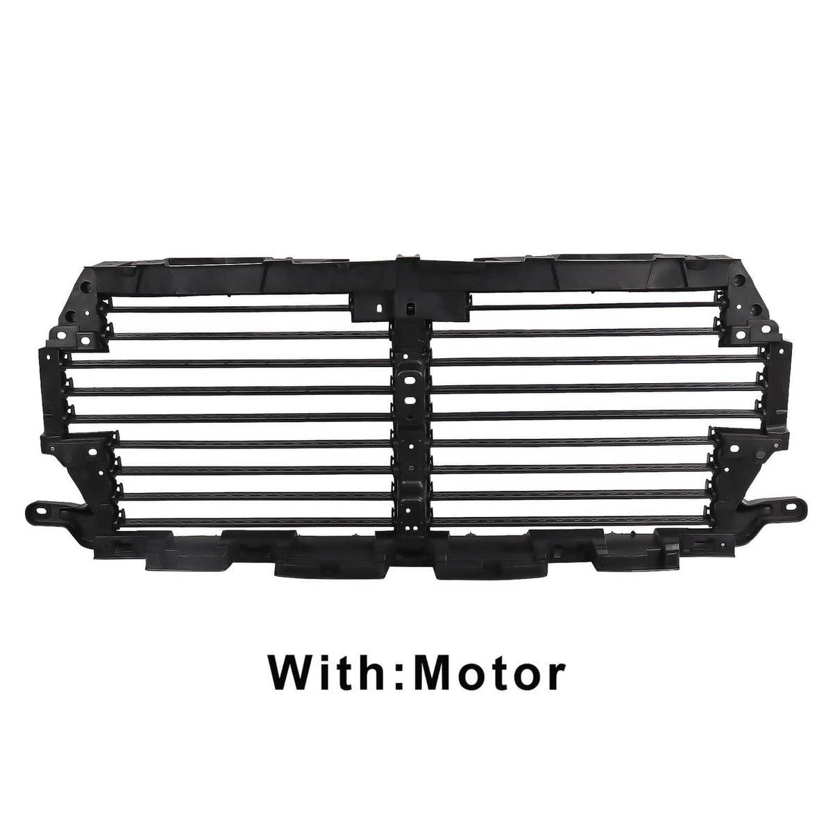 Black upper radiator grille air shutter with horizontal slats and center actuator housing
