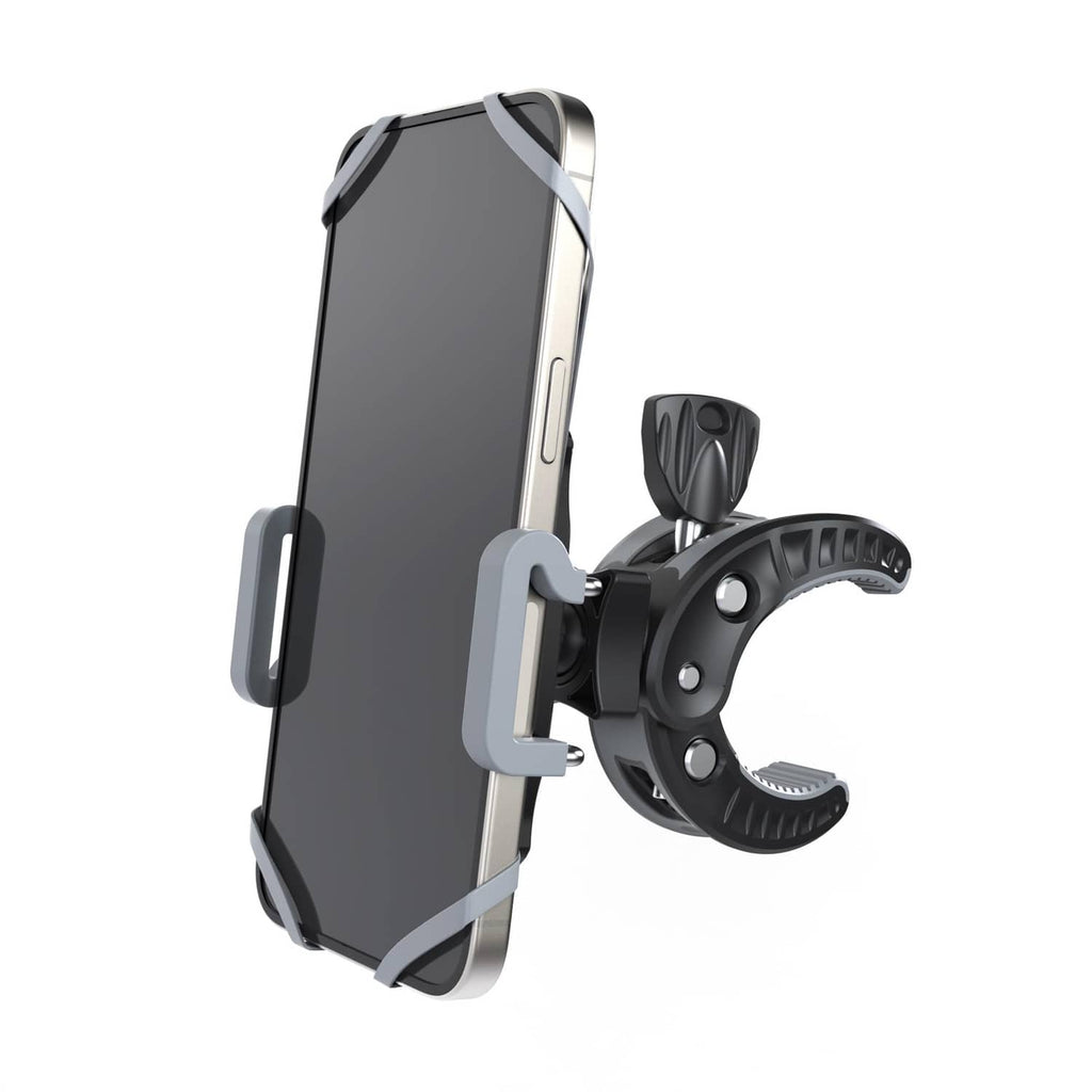 Phone clamp mount with grey side pads and adjustable black rotating knob