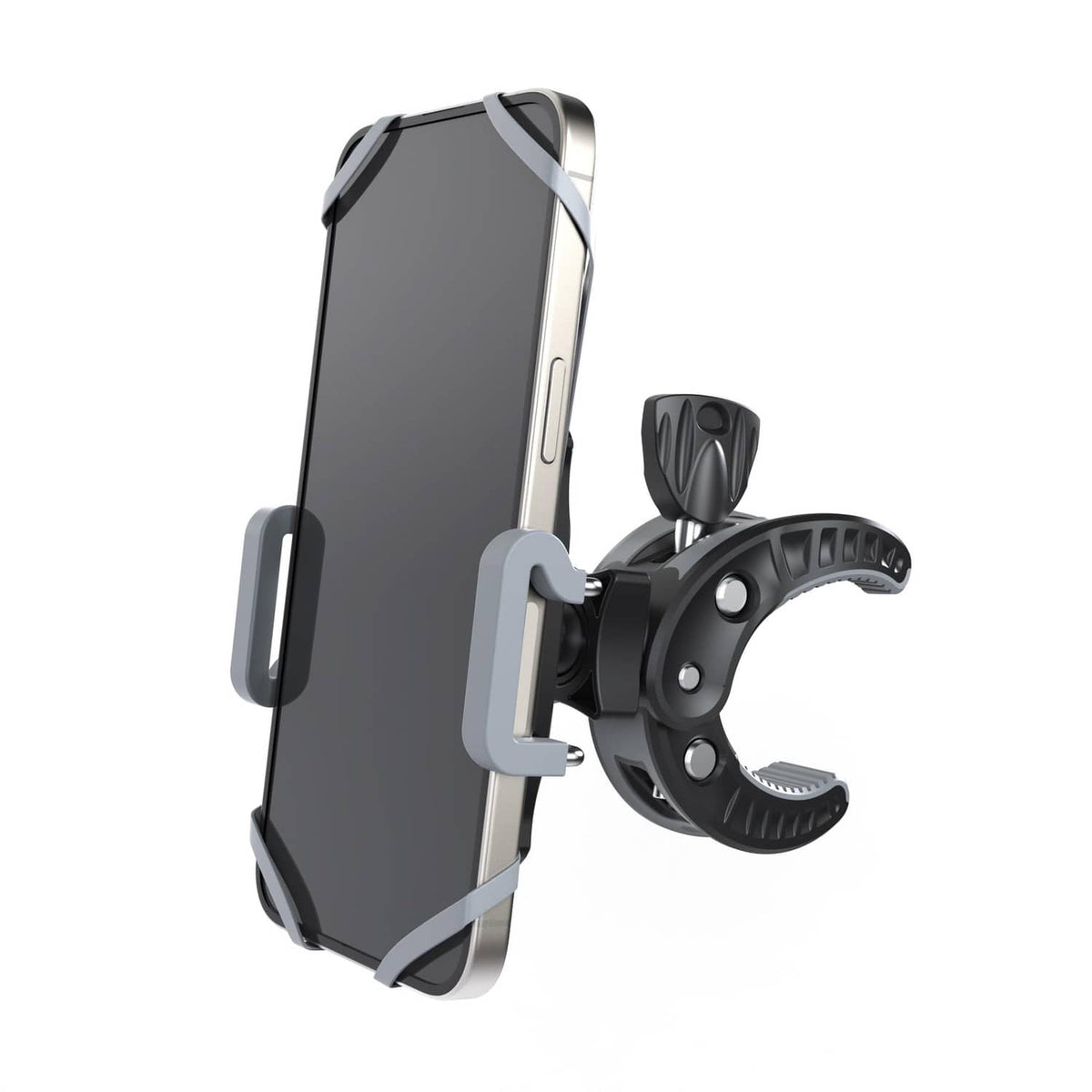 Phone clamp mount with grey side pads and adjustable black rotating knob