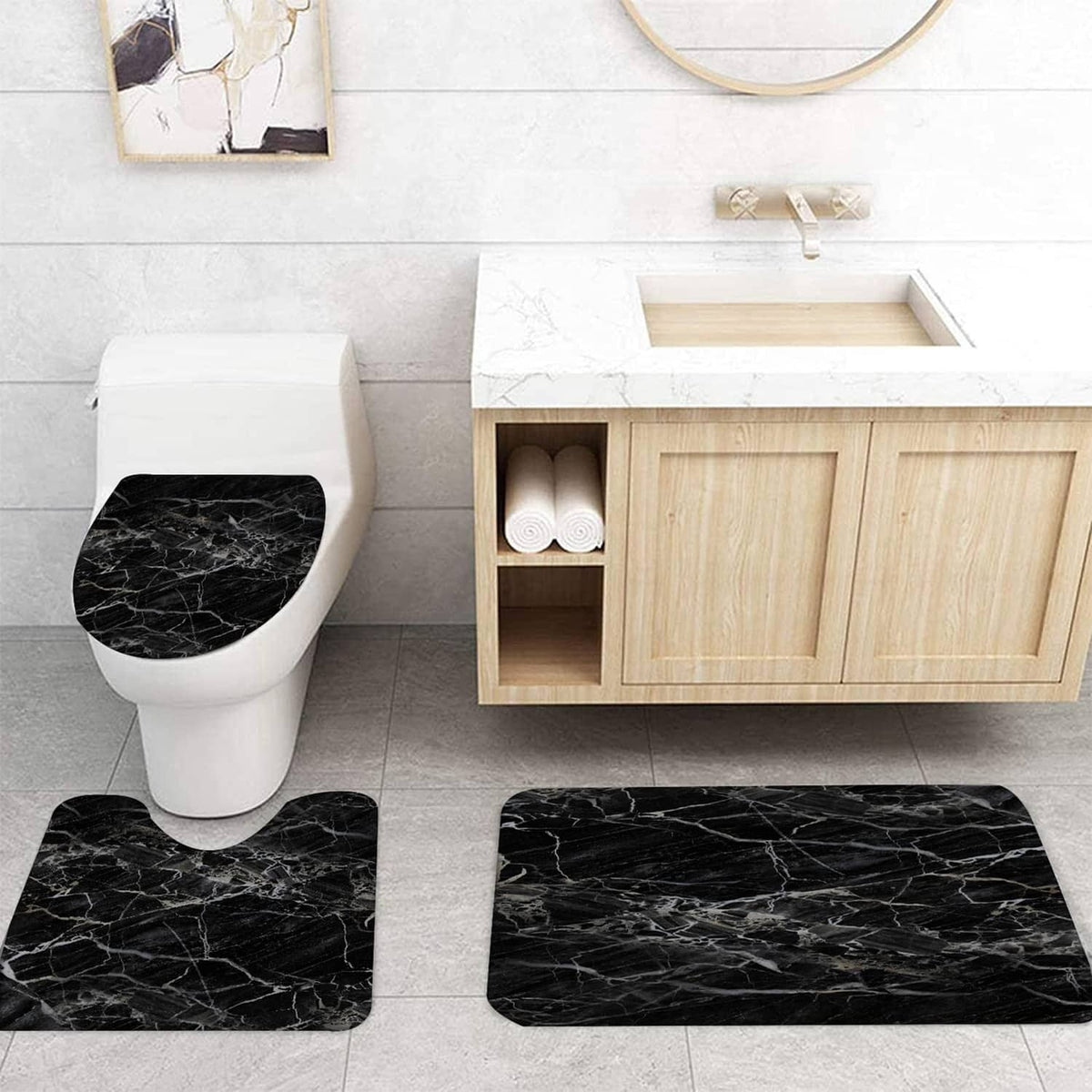 Black marble bathroom rug set and shower curtain, layered floor coverage