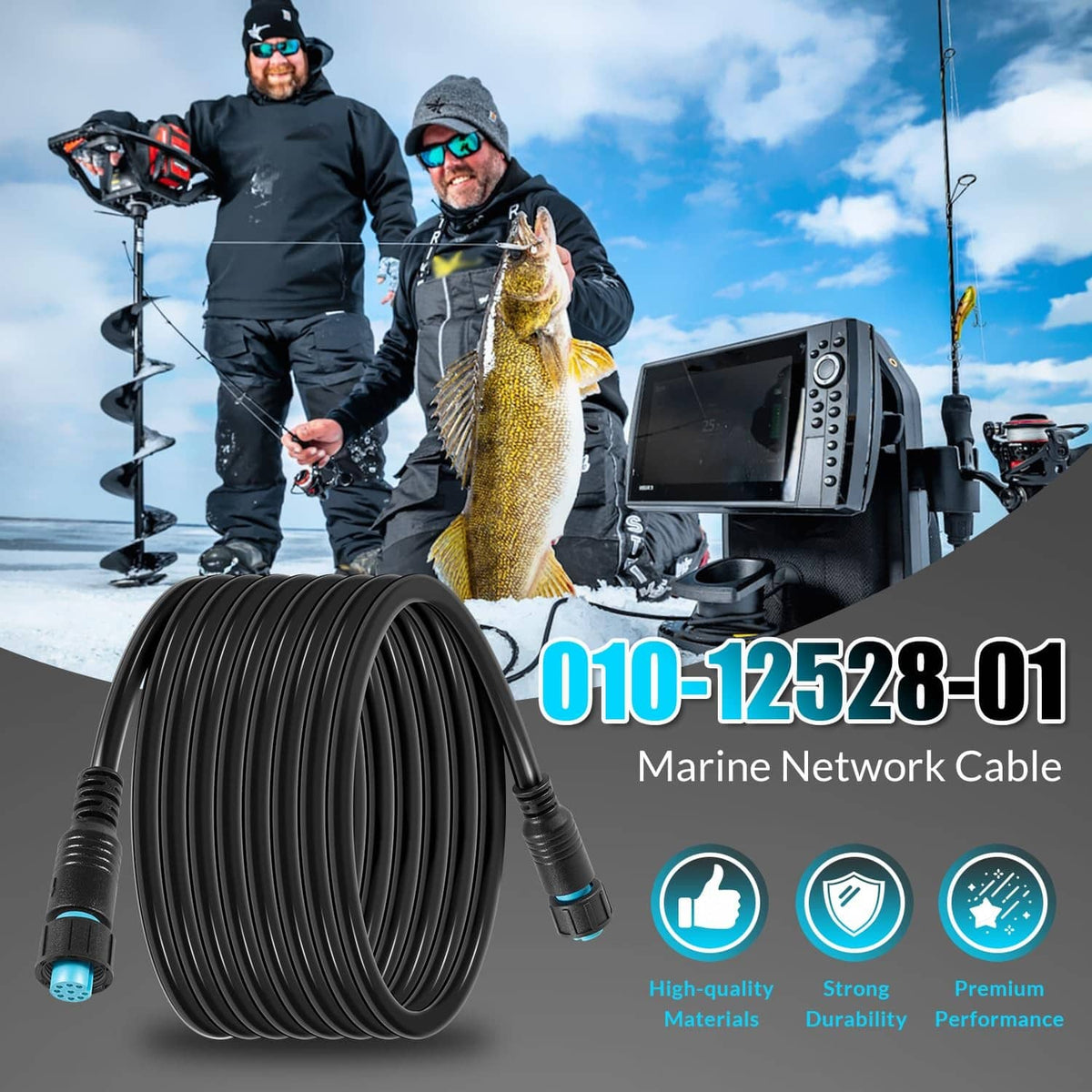 Coiled marine network cable with two small black connectors and blue end caps