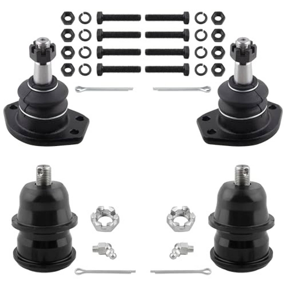 Set of 4 front ball joints with mounting flanges, threaded studs, and included hardware