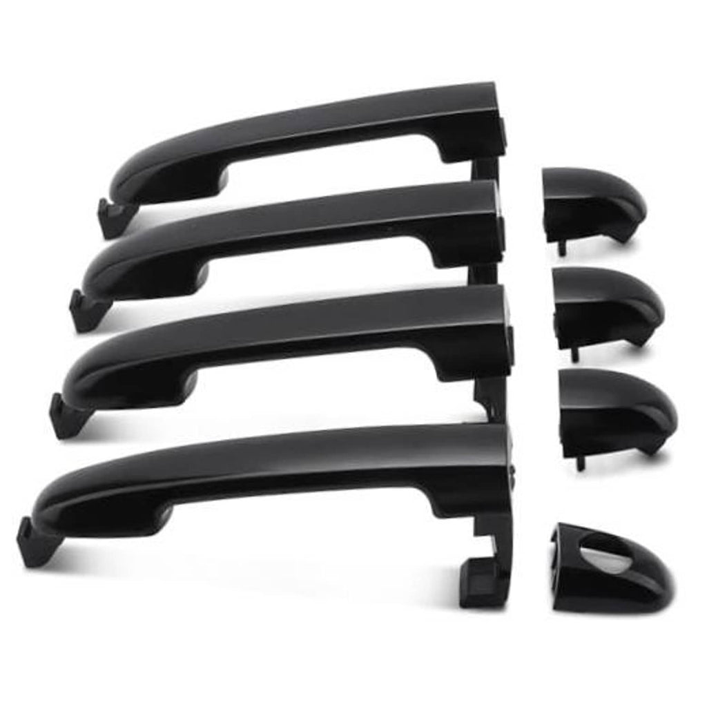Multiple black exterior door handles with curved grip and mounting tabs