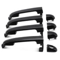Multiple black exterior door handles with curved grip and mounting tabs