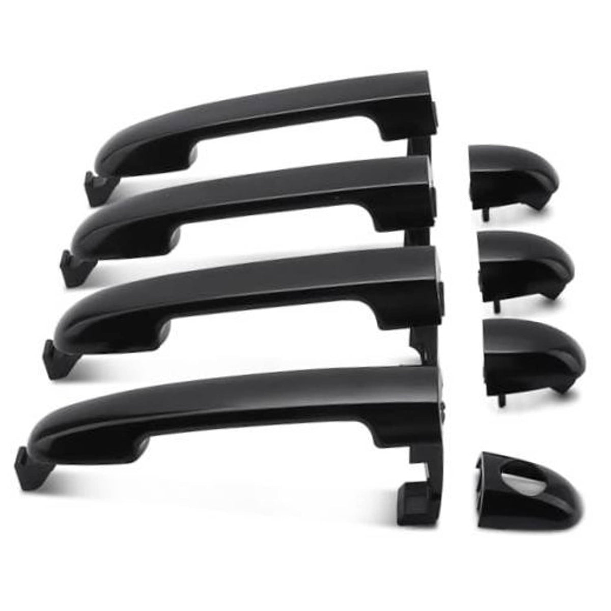 Multiple black exterior door handles with curved grip and mounting tabs