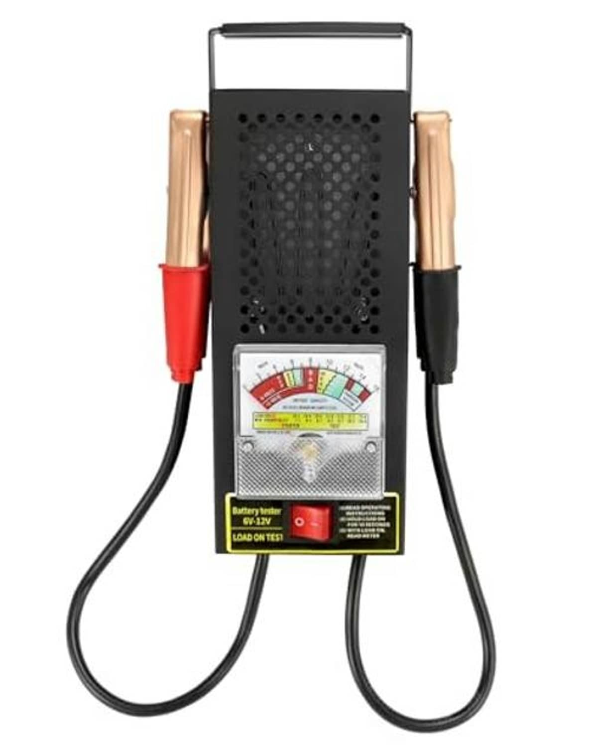 12V battery load tester with analog color gauge and red/black battery clamp leads