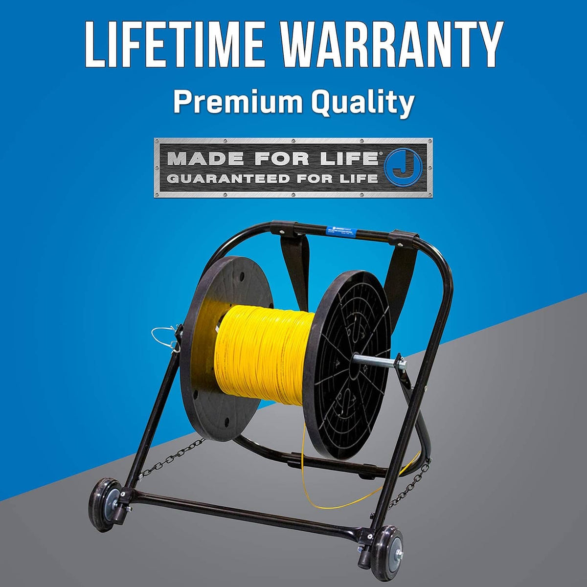 Heavy-duty cable caddy with large wheels, black frame, and yellow cable reel