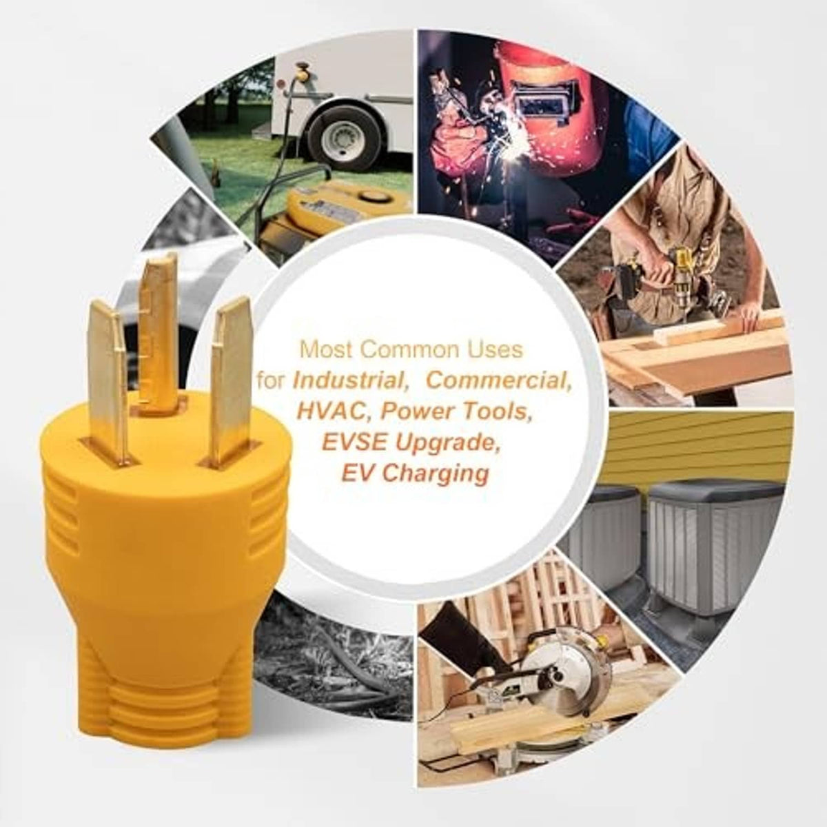 Yellow adapter plug with three-prong dryer connector for common EV charging uses