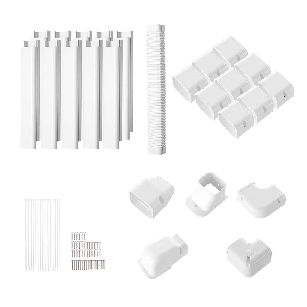 White PVC mini-split line set cover kit with straight covers, flexible section, and elbow fittings