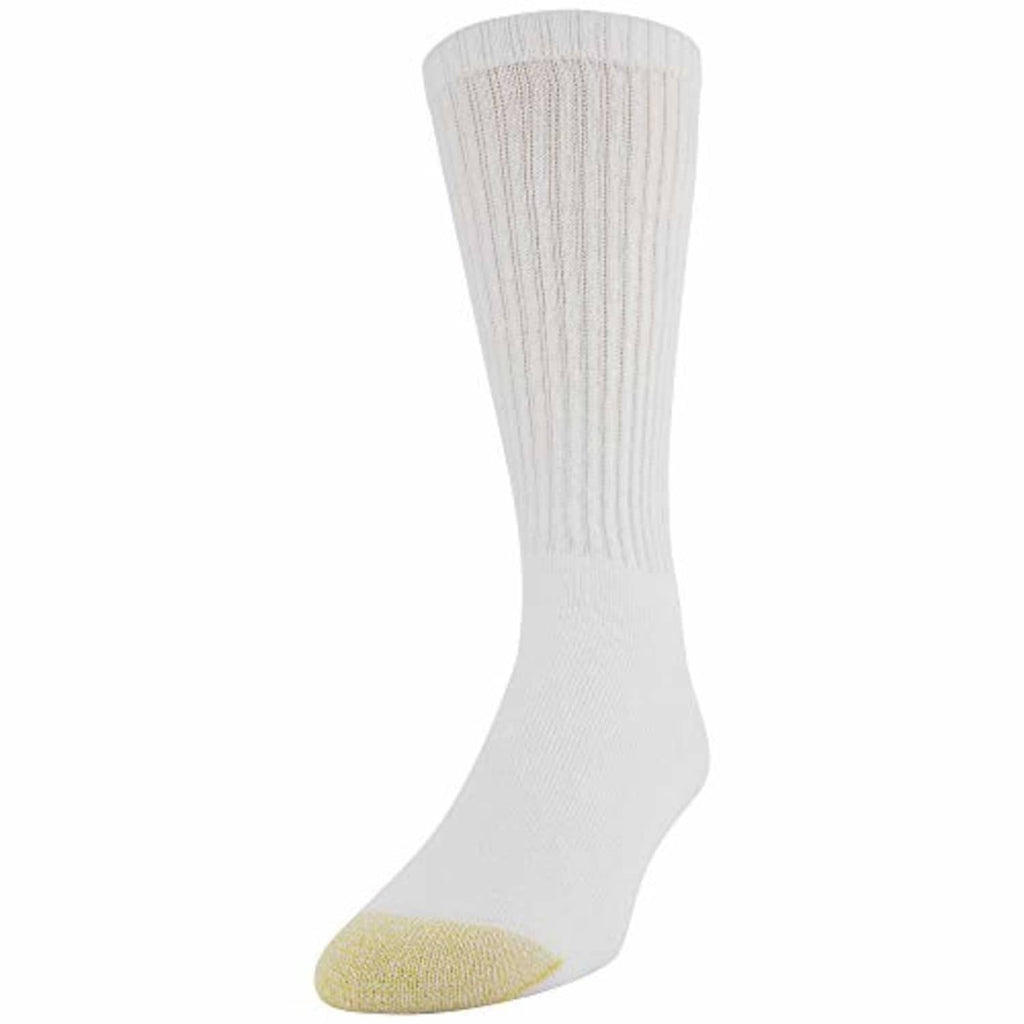 White crew sock with ribbed leg and yellow toe panel, cushioned sole