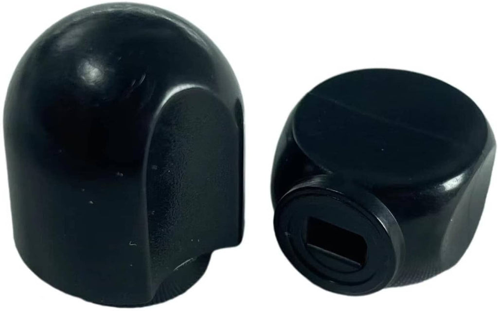 Pair of black stand mixer replacement speed knobs, side and front close-up views