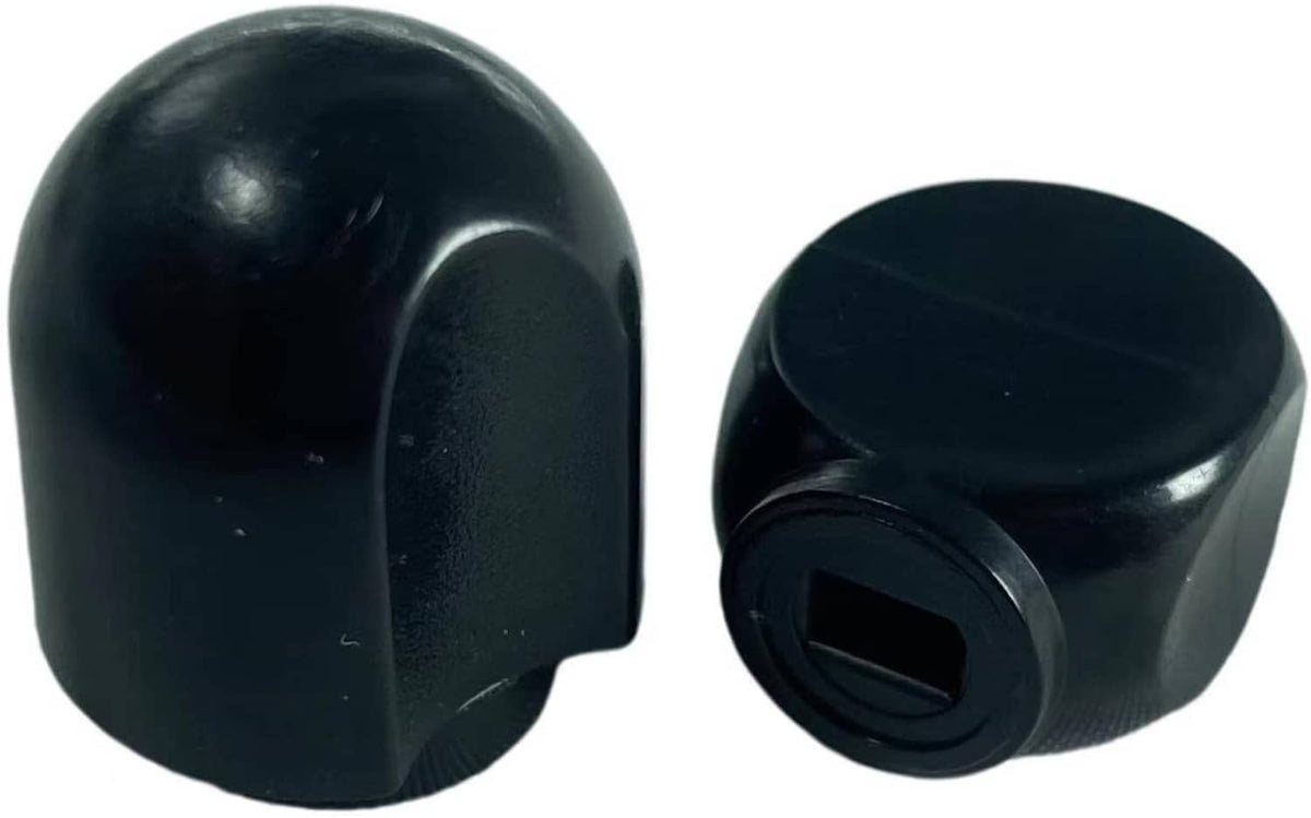Pair of black stand mixer replacement speed knobs, side and front close-up views