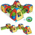 Kids pop-up play tunnel tent set, red yellow blue and green fabric with round windows