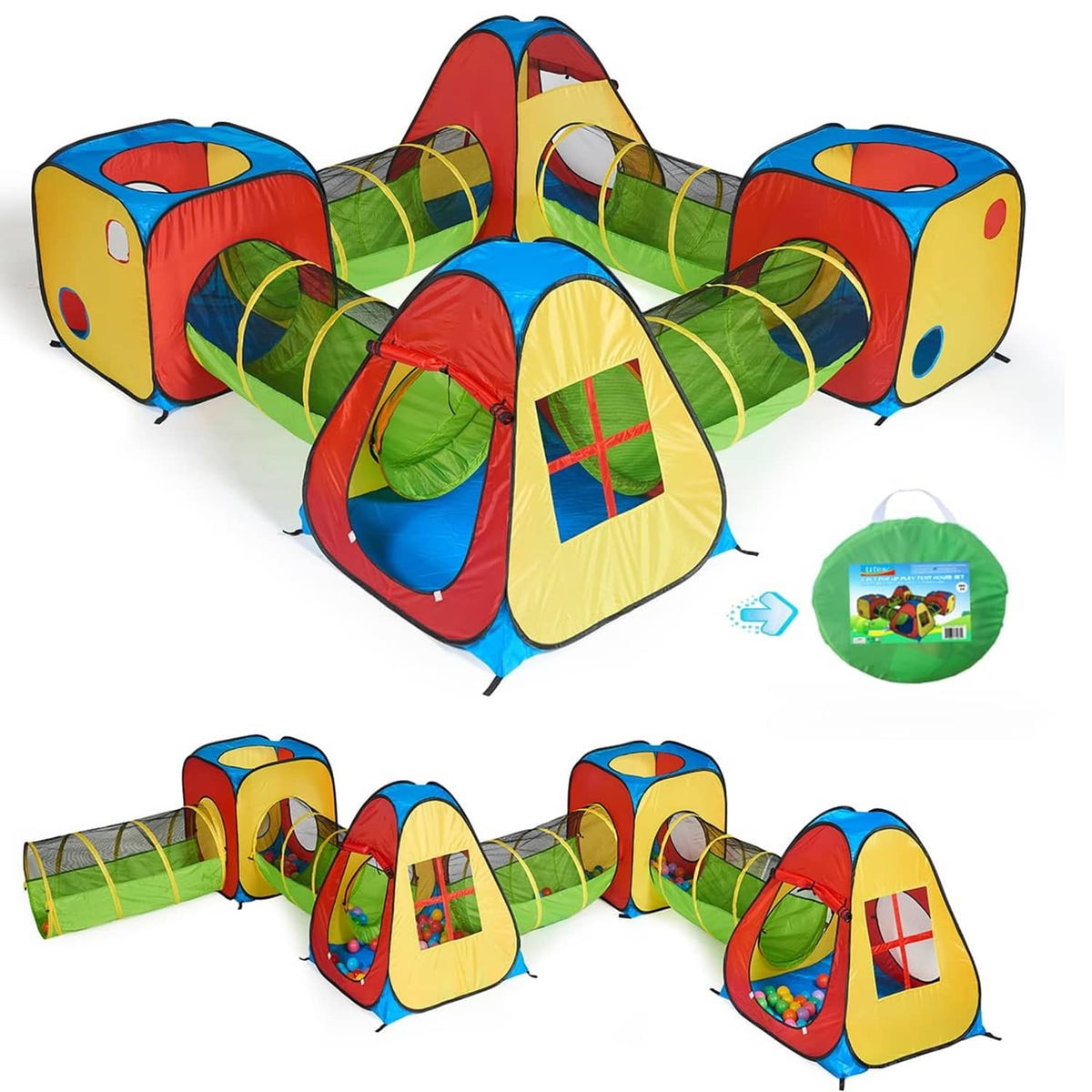 Kids pop-up play tunnel tent set, red yellow blue and green fabric with round windows
