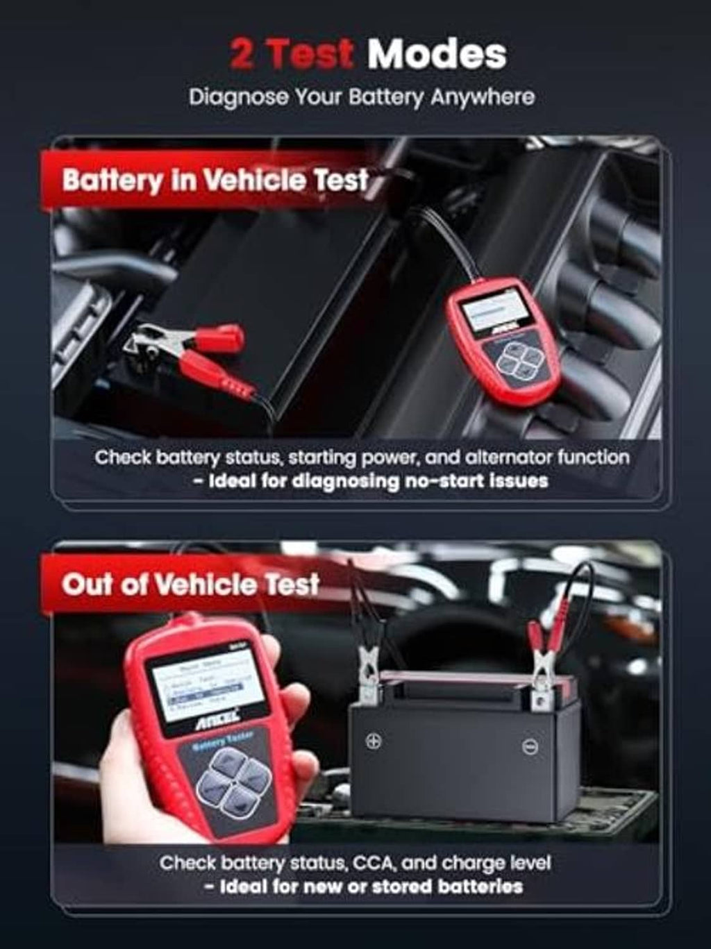 Car battery tester showing in-vehicle and out-of-vehicle test modes, red handheld unit.