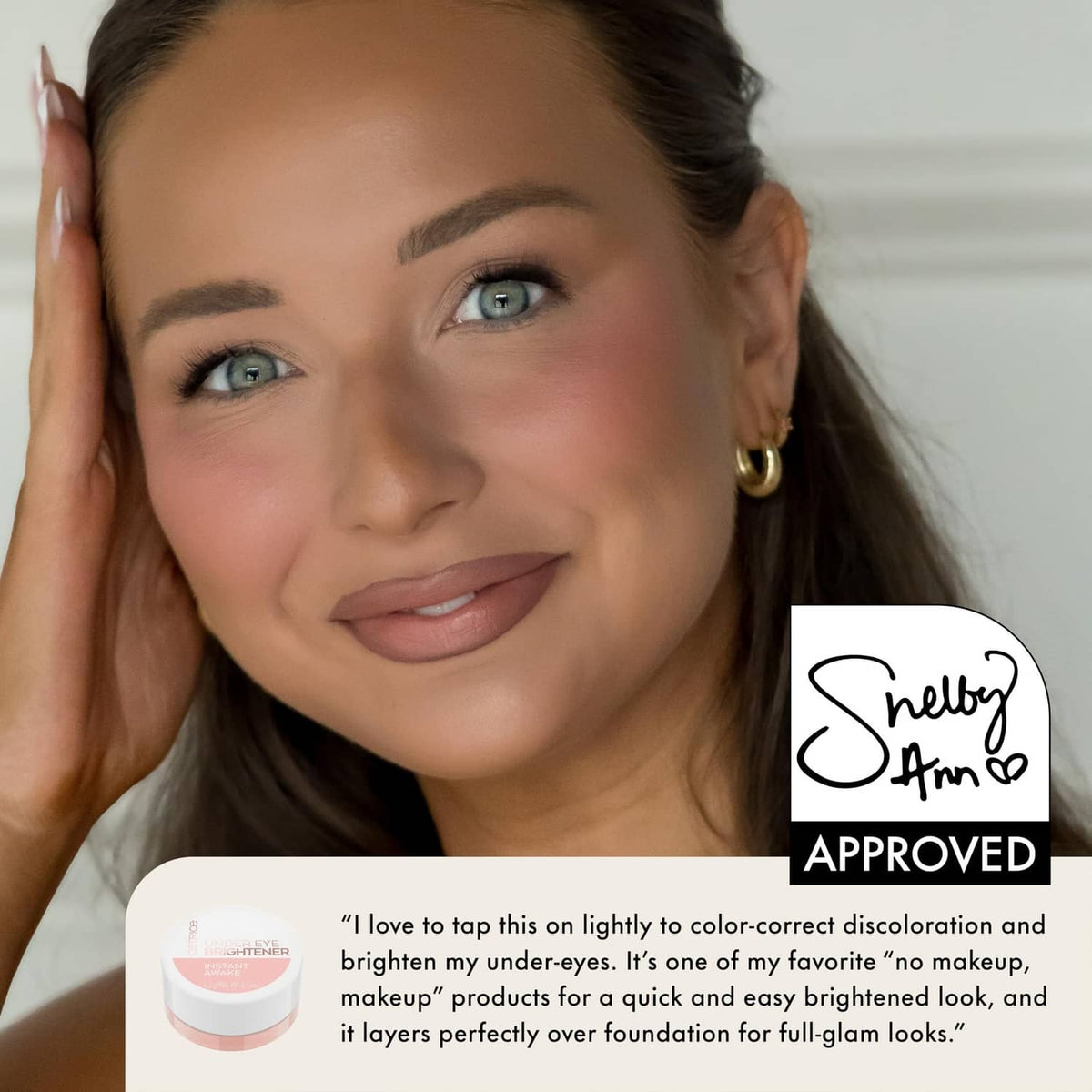 Person showing smoother, brighter under-eye area after applying brightener