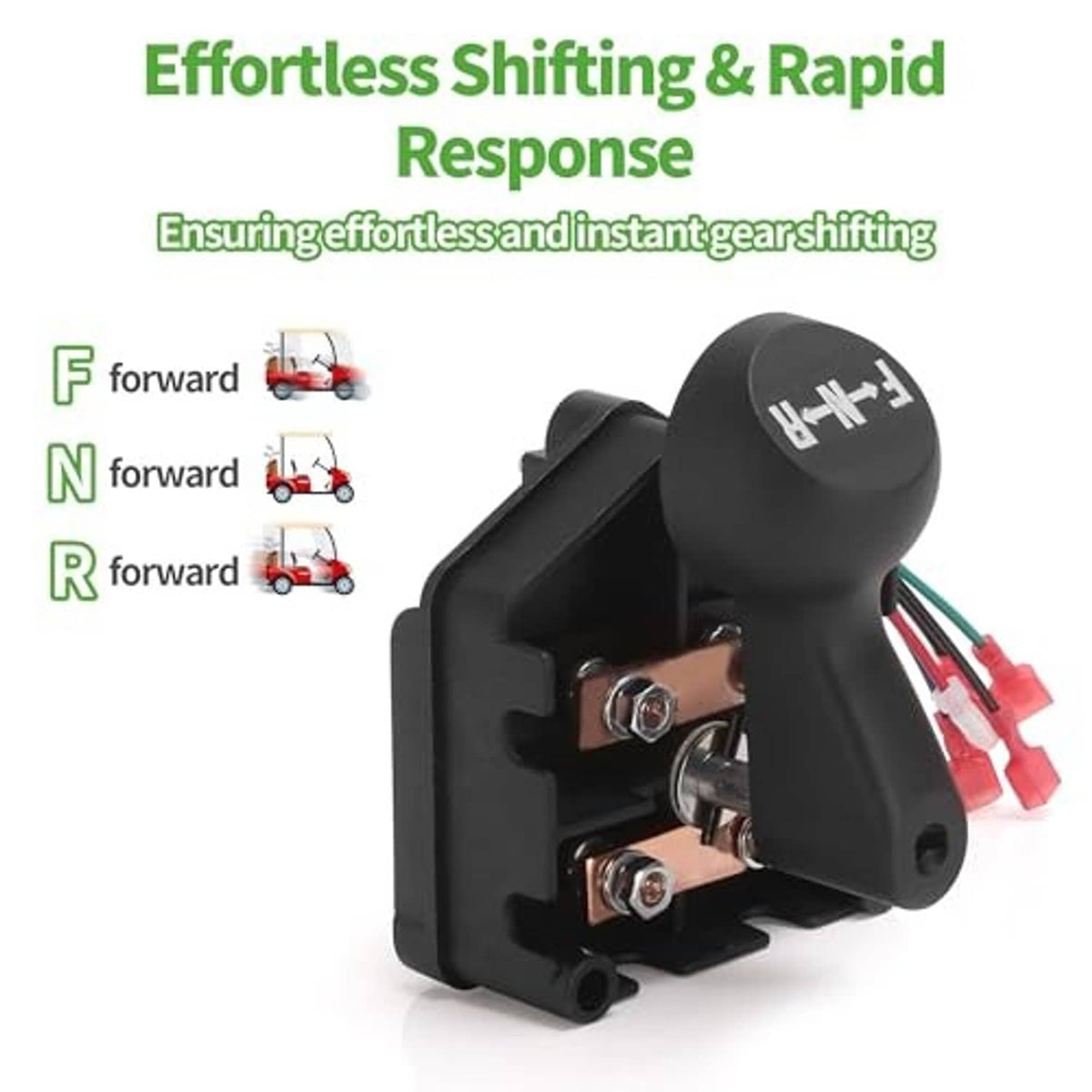 Golf cart forward/reverse switch with black shift knob marked F, N, R and wiring
