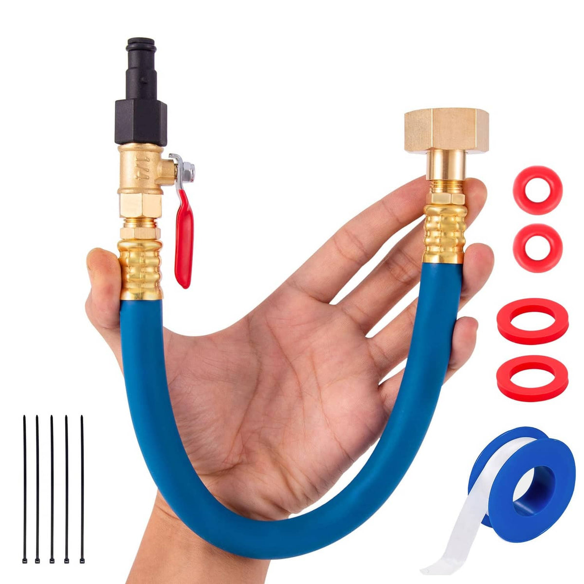 Blue EPDM flush hose with brass fittings and black valve stem