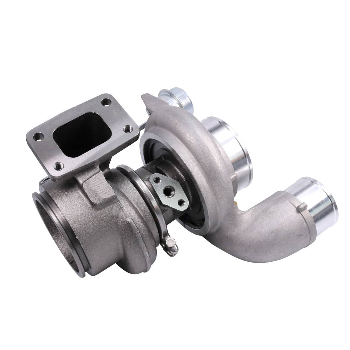 Turbocharger with exhaust flange, turbine housing, and compressor outlet connection