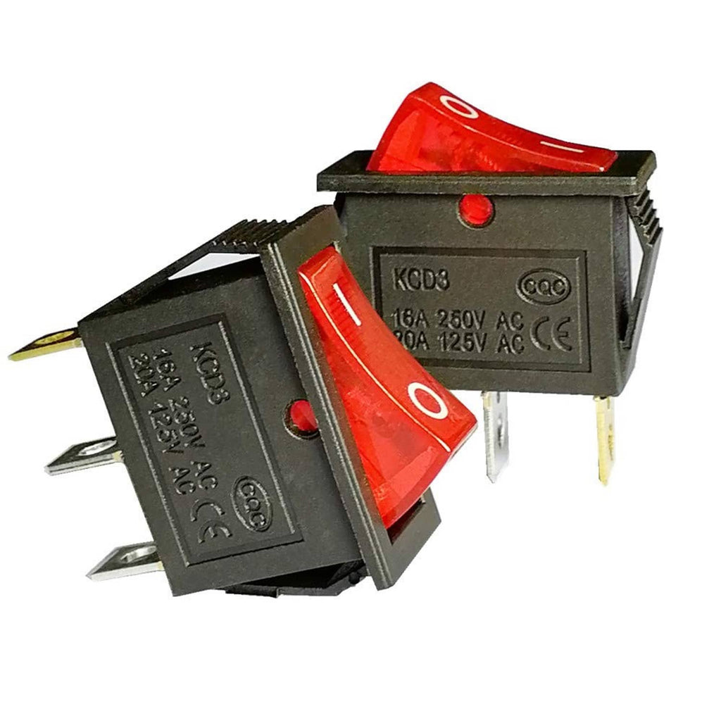 Red illuminated on-off SPST rocker switch with 3-pin terminals and “O” mark