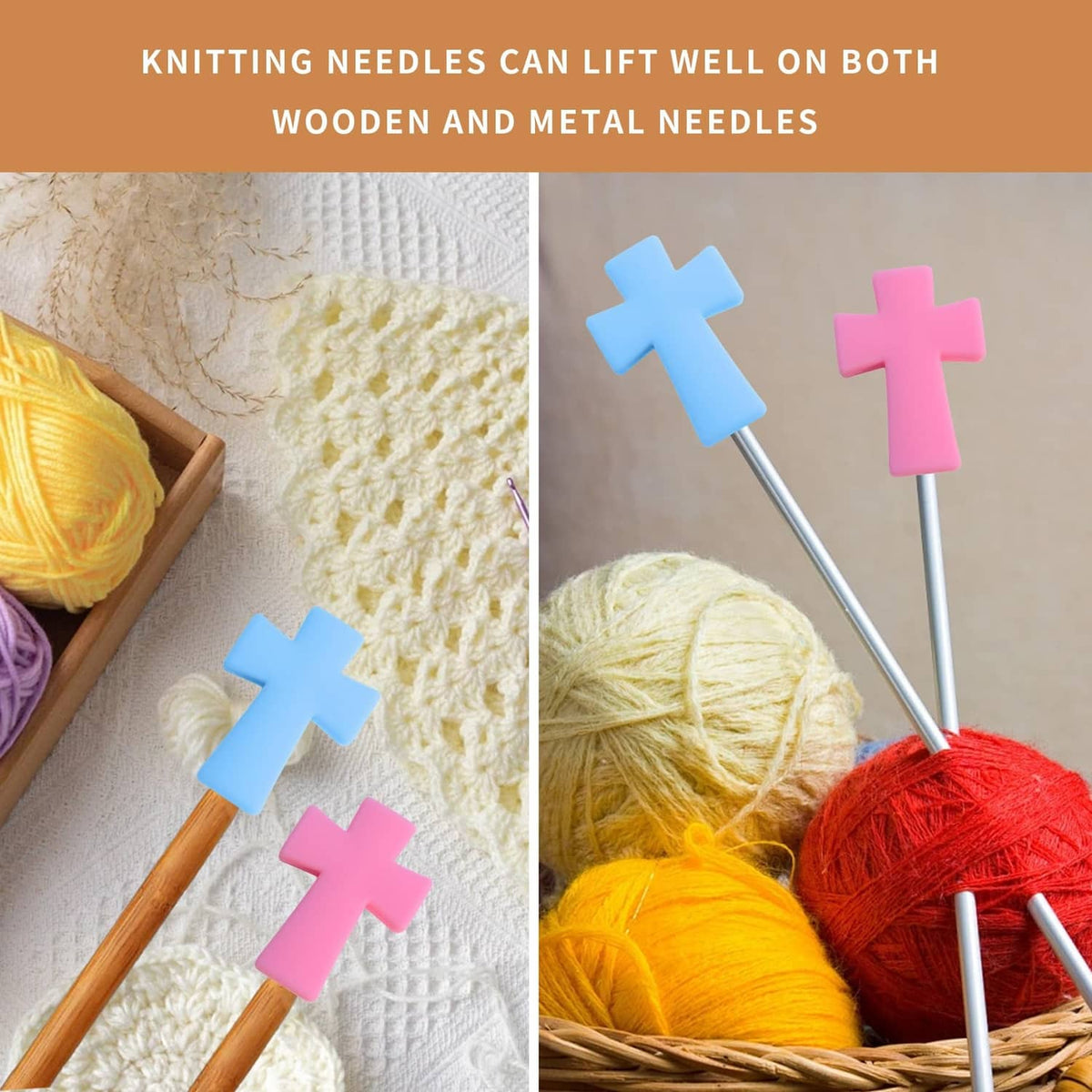 Cross-shaped silicone needle point protectors on wooden and metal knitting needles
